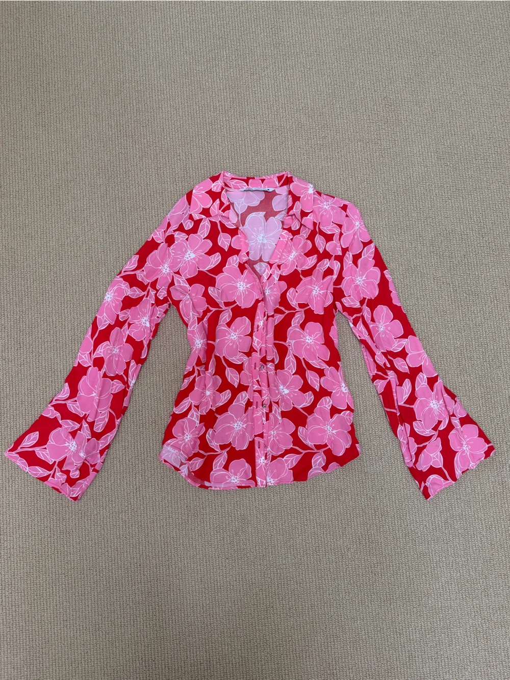 Zara Pink and Red Floral Button-Down Blouse